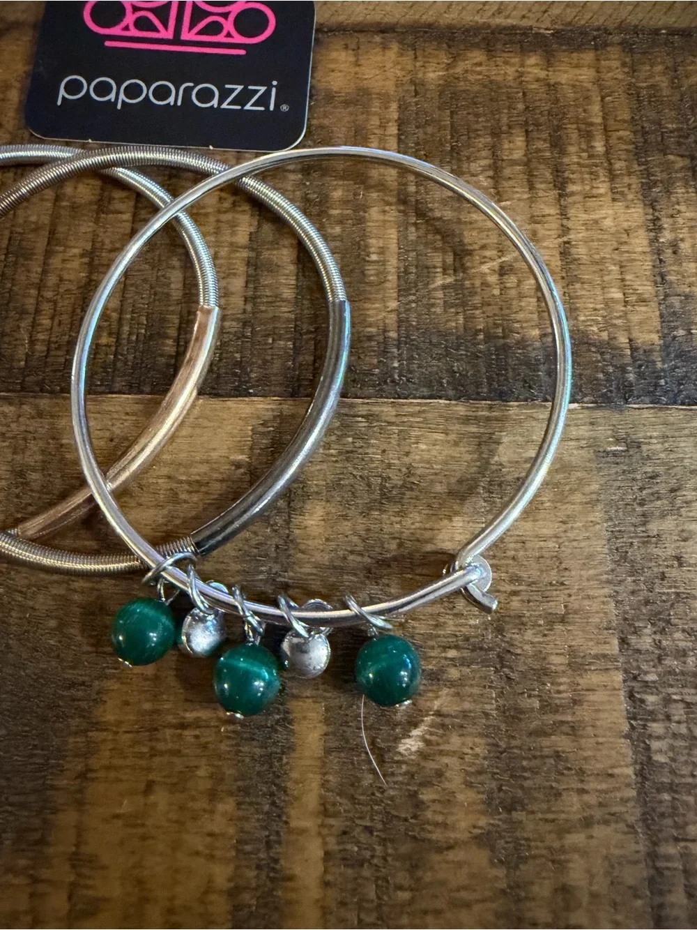Paparazzi Silver Hoop Bracelet Set with Green Bead Charms